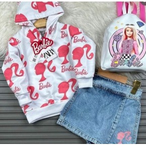 3-PIECE SET WITH BARBIE BAG, DENIM SHORTS SKIRT AND HOODED SWEAT