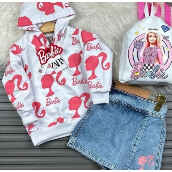 3-PIECE SET WITH BARBIE BAG, DENIM SHORTS SKIRT AND HOODED SWEAT