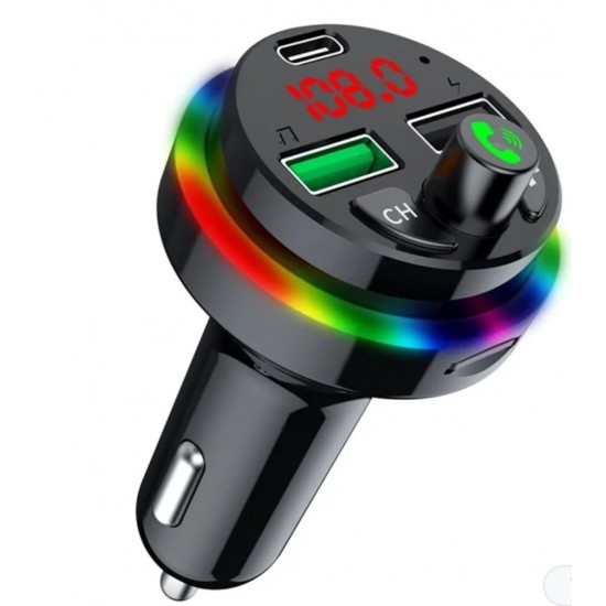 F16 RGB Lighted Car Bluetooth Adapter MP3 Player 1 Type-C 2 Usb Charger FM Transmitter