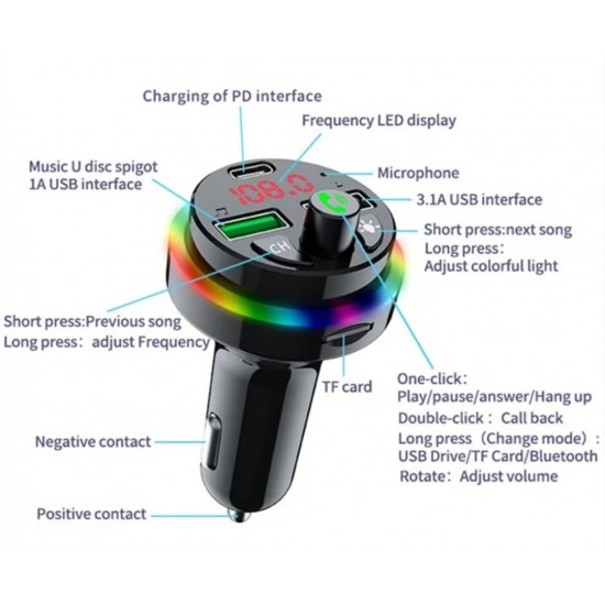 F16 RGB Lighted Car Bluetooth Adapter MP3 Player 1 Type-C 2 Usb Charger FM Transmitter