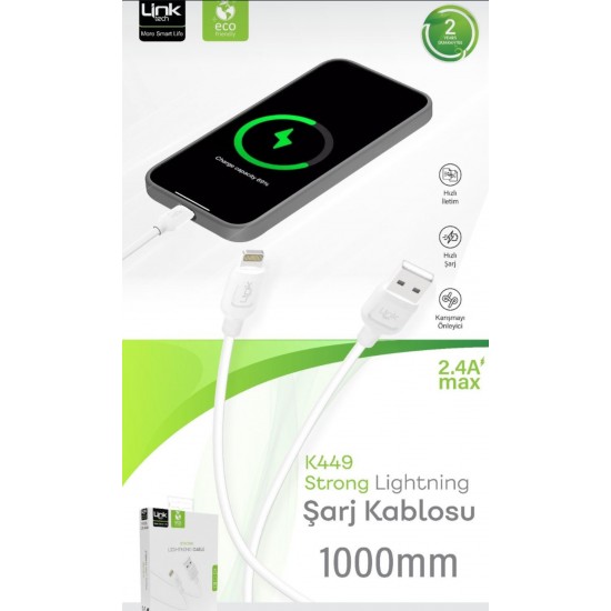 Linktech K449 Strong Lightnıng USB Data/Charge Cable 1mt 2.4A 