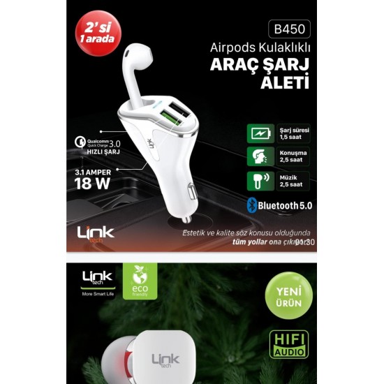 Linktech B450 Airpods Headphones and Qualcomm QC 3.0 Car Charger