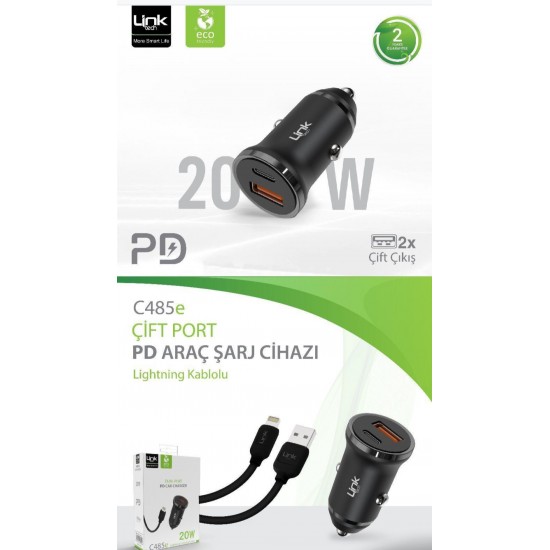 Linktech C485 Eco-Friendly Dual PD 20W Car Charger with Lightning Cable