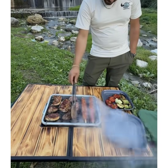 Foldable Portable Handmade Picnic and Camping Table with Barbecue Grill