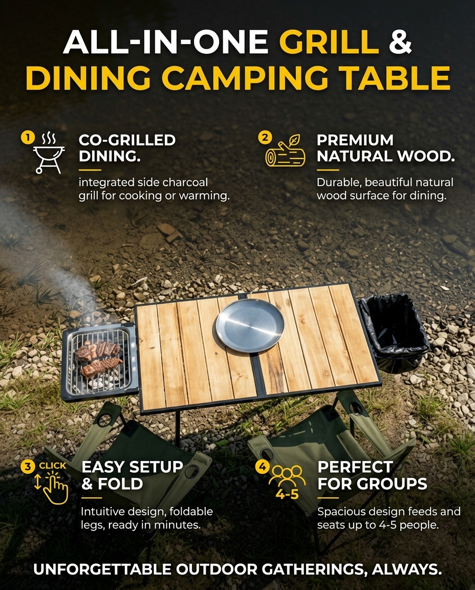 Wooden Camping&Picnic Table with Built-in BBQ